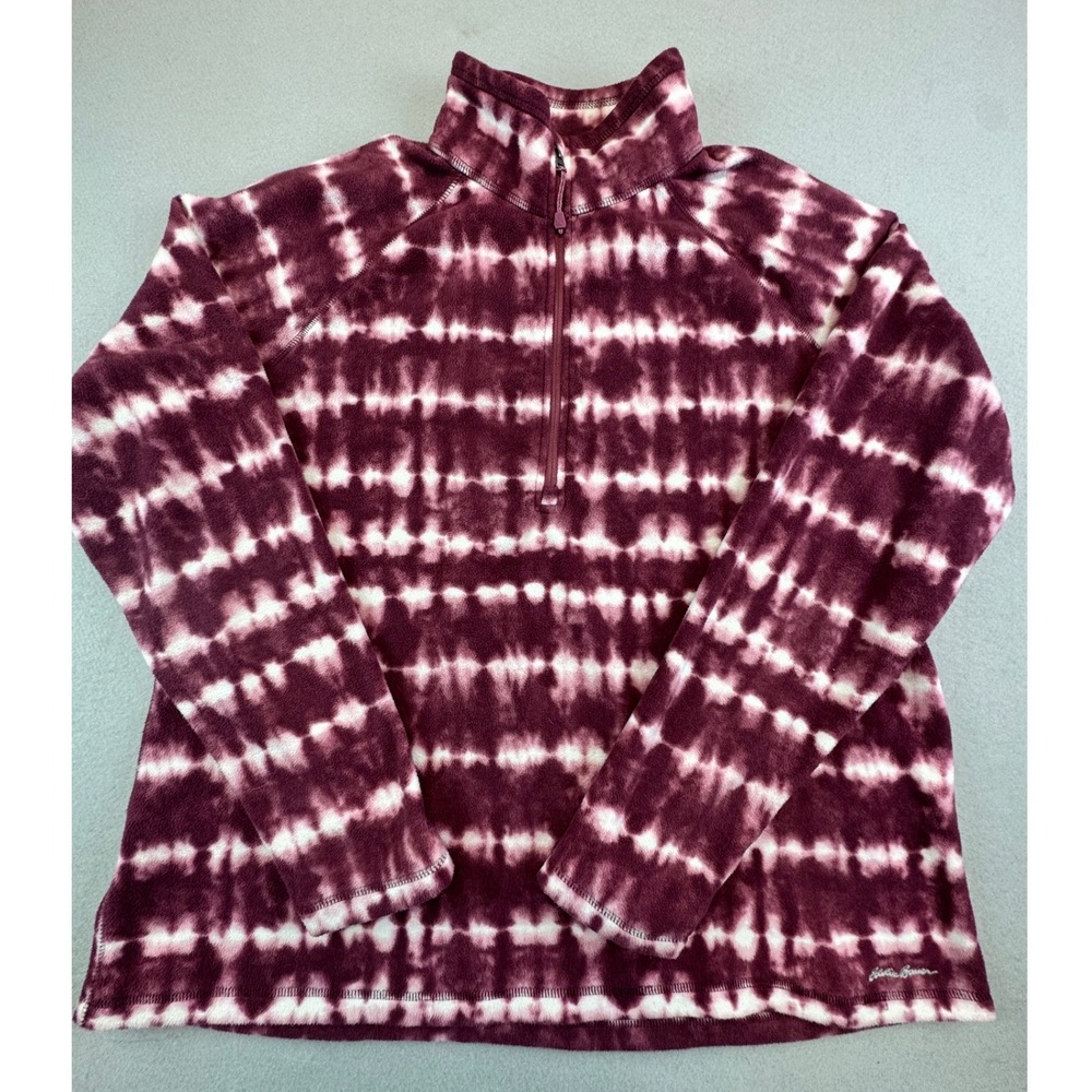 Eddie Bauer Womens XL Fleece Pullover Quarter Zip Tie Dye Burgundy White Soft